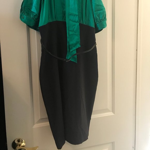 BCBG MaxAzria Green Silk shirt/Grey Skirt DRESS - Picture 6 of 6